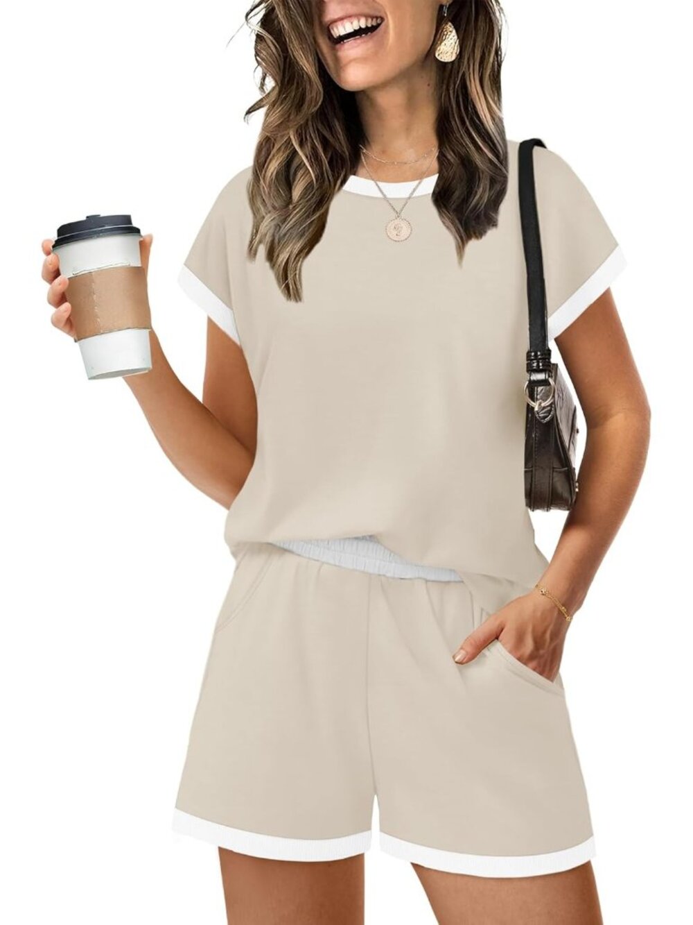 〽️Women's Outfit Khaki Cap Sleeve Shirts and Shorts Summer Comfort Lounge Set